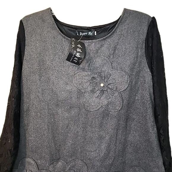 KAWAII LOLITA YI LA KE GREY FLANNEL LACE FLOWERS PEARLS TOP XL (READ) - Picture 3 of 9